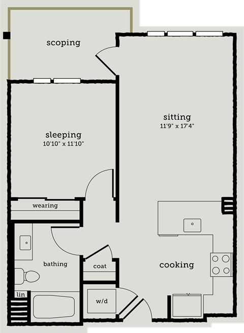 Floor plan for 1 bed, 1 bath, 677 sqft